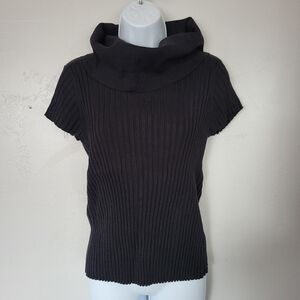 Hillard & Hanson Women's Large Black Short Sleeve Ribbed Turtleneck Blouse Top